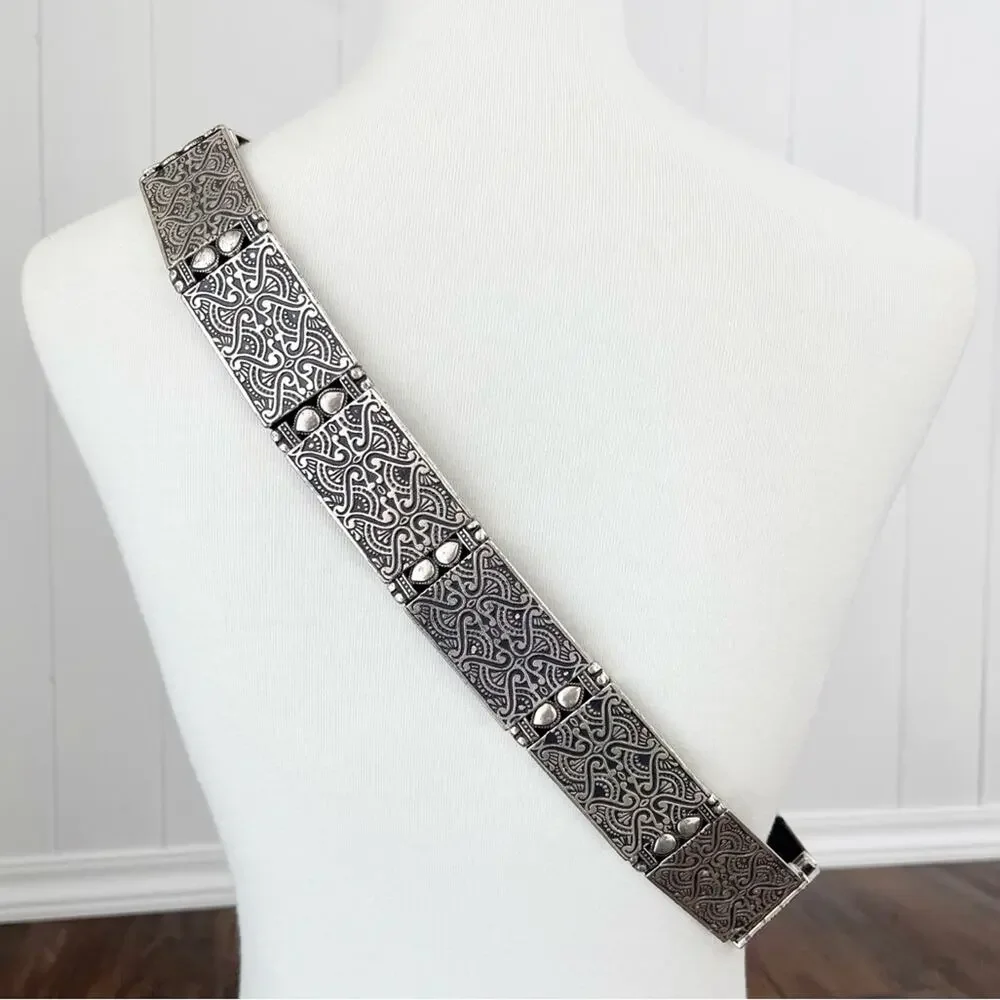 Beaded Metal Stretch Belt Hip Slung Embossed Boho Bohemian Size L/XL Silver Blk